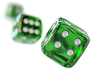 Two green translucent dice floating on black background