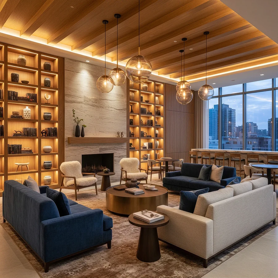Warm shared lounge space for On Garden residents.