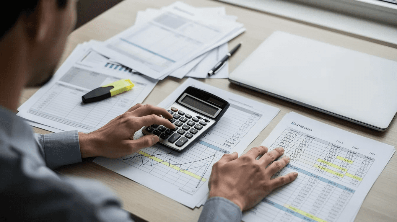 A person is sitting at a desk surrounded by financial documents, intently using a calculator to manage their finances, possibly related to winnings from a lottery ticket. This scene reflects the careful planning and consideration that jackpot winners must undertake when dealing with taxes and financial decisions after winning the lottery.