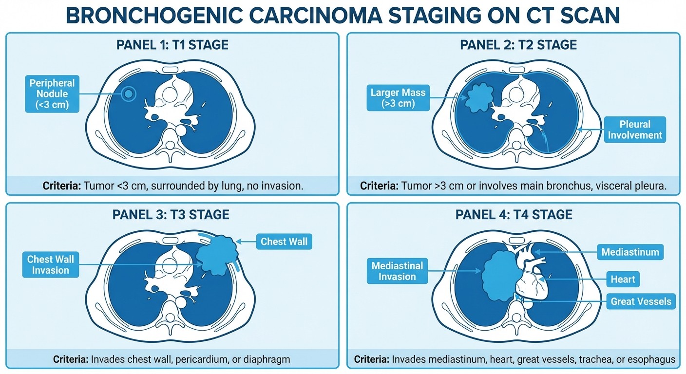 Bronchogenic carcinoma T-staging criteria on CT scan for NEET-PG