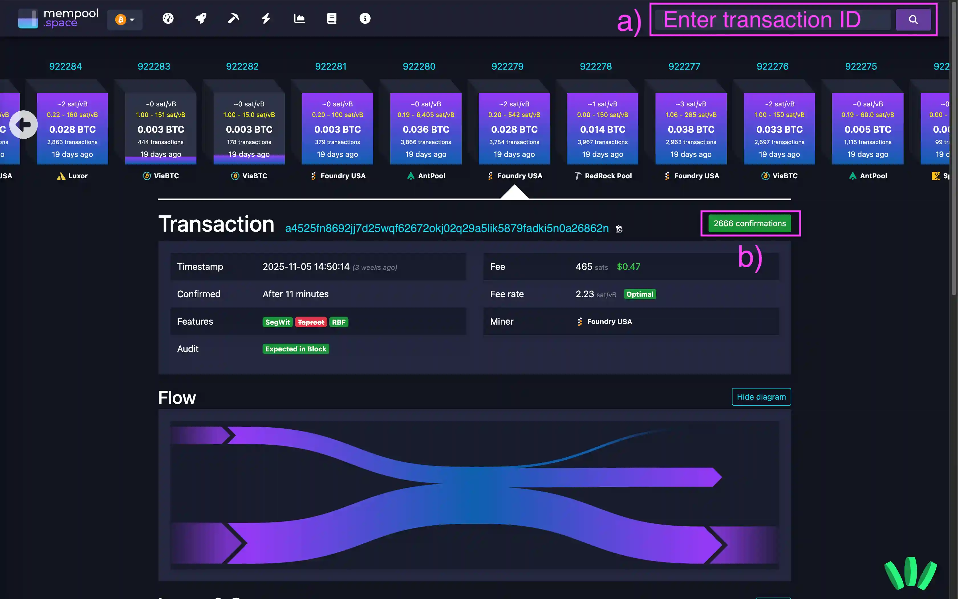 Most explorers show confirmations near the top of the transaction page.