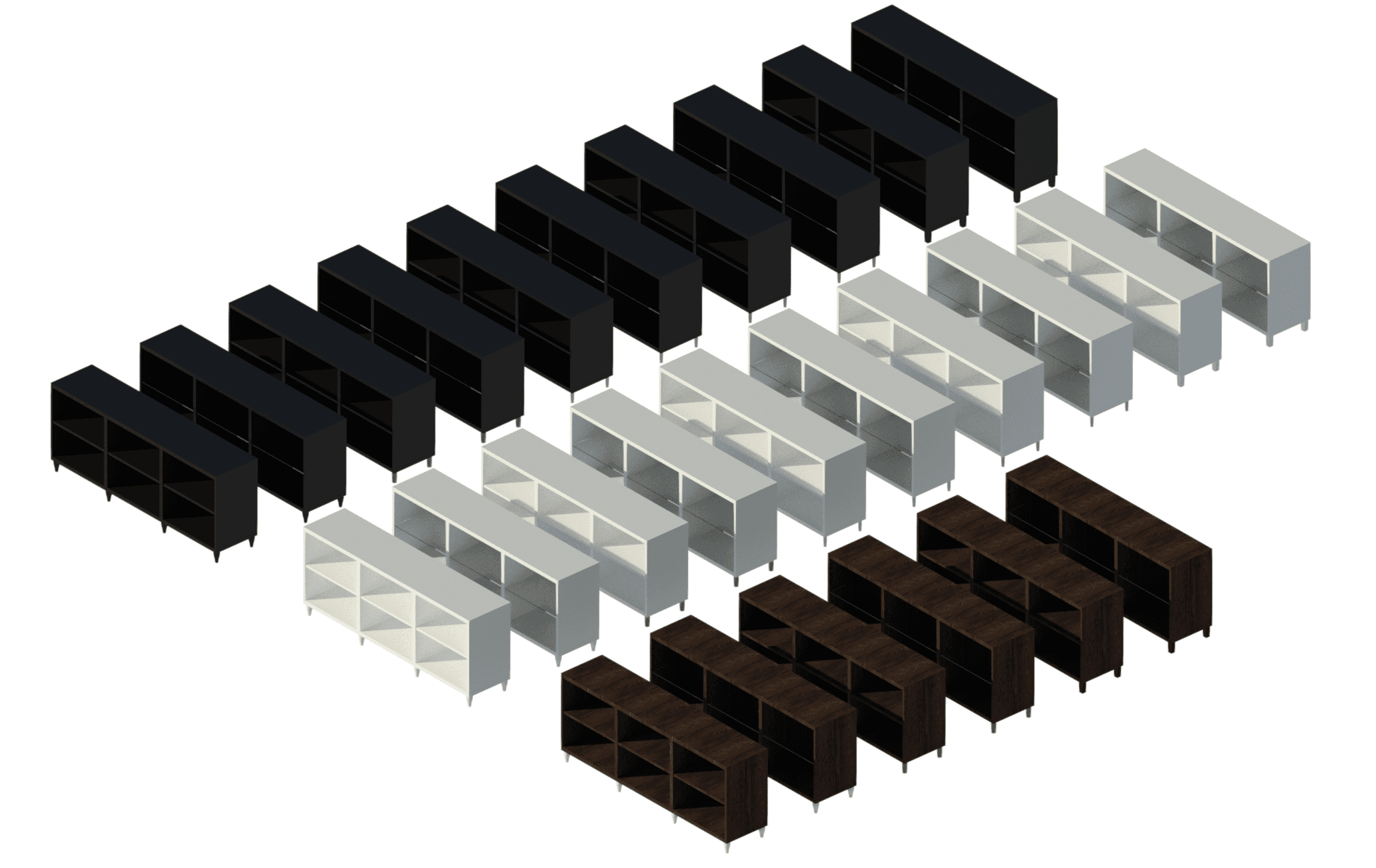 Raytrace showing a glimpse of possible variations for TV Unit with open shelves.