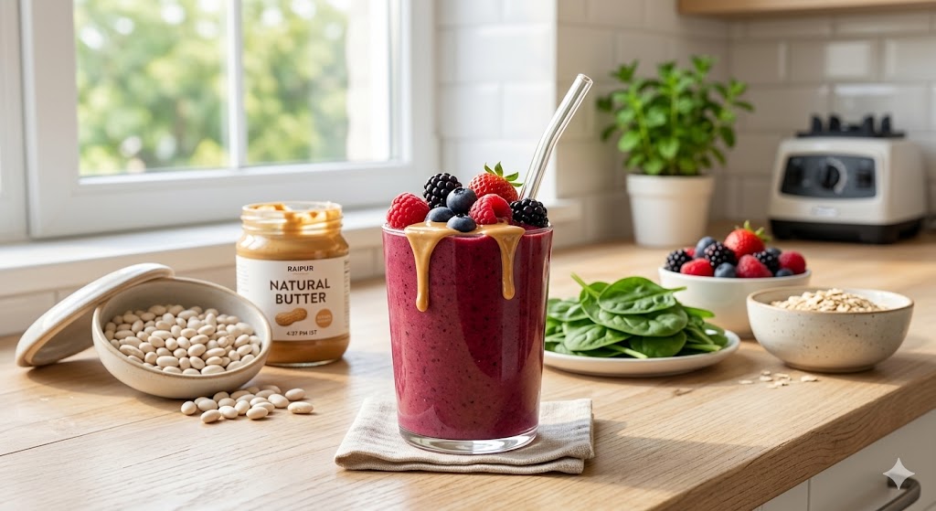A vibrant mixed berry smoothie in a glass, topped with fresh raspberries, blueberries, blackberries, and a drizzle of peanut butter. The glass is set on a light wooden kitchen counter with a window providing soft daylight against a surprising but appetizing background inclusion of white beans, oatmeal, and spinach, captured for a fresh composition.