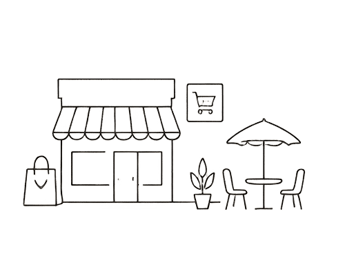 Illustration of a shopping centre with shops, restaurants, and essential services.