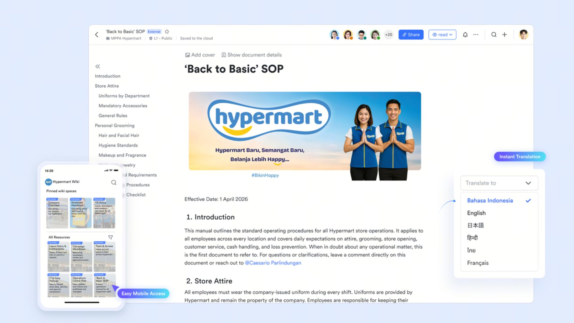 Hypermart SOP document in Lark showing store operations guidelines with instant translation and mobile access
