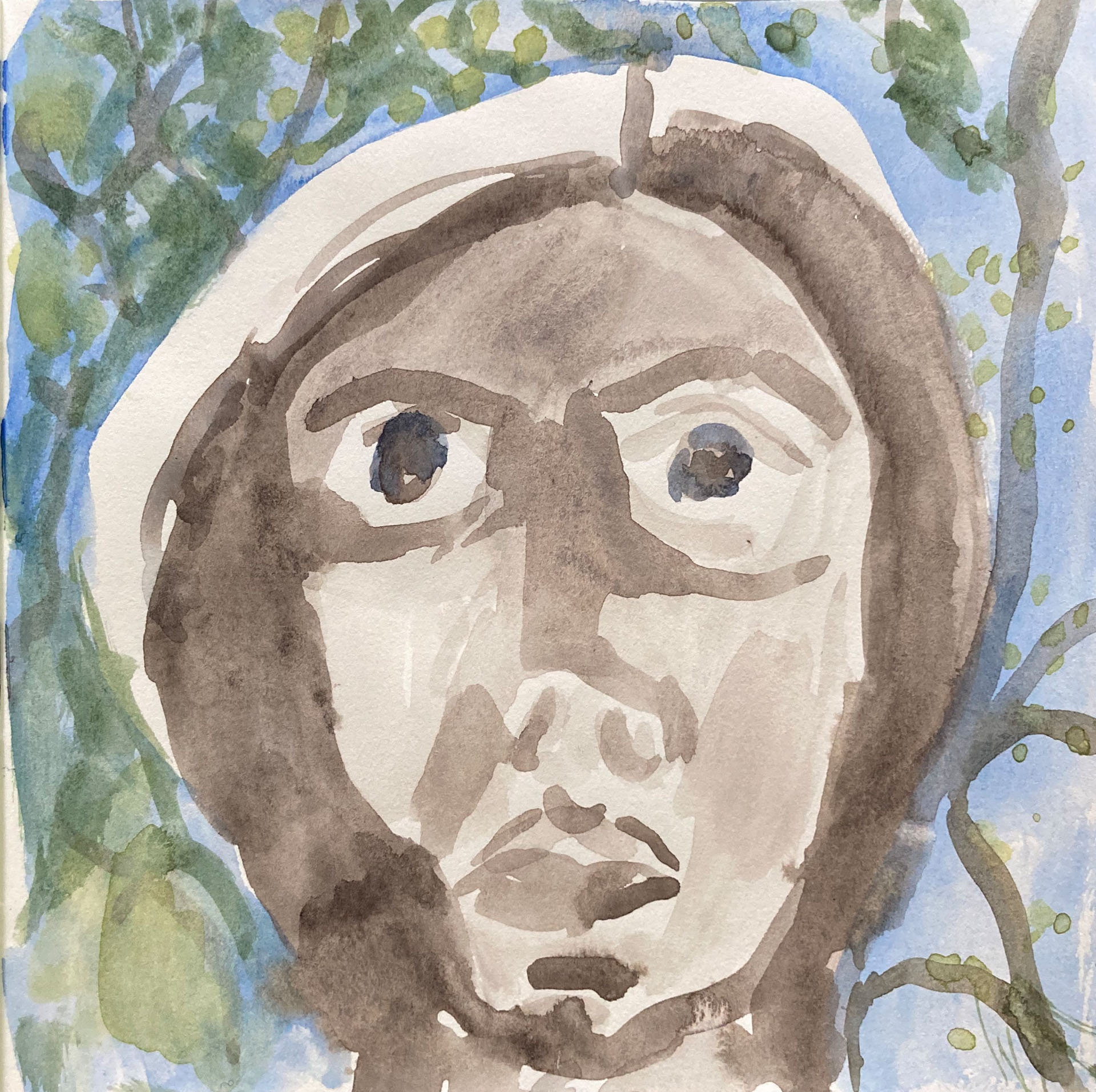 Self portrait in the woods, 2021, watercolor on paper, 8x8"