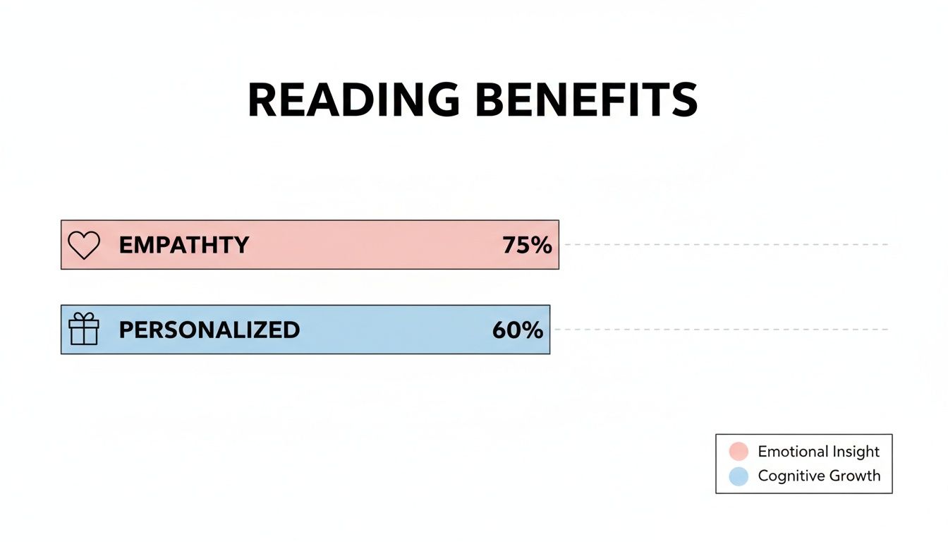 Infographic showing reading benefits: Empathy at 75% (emotional insight) and Personalized at 60% (cognitive growth).
