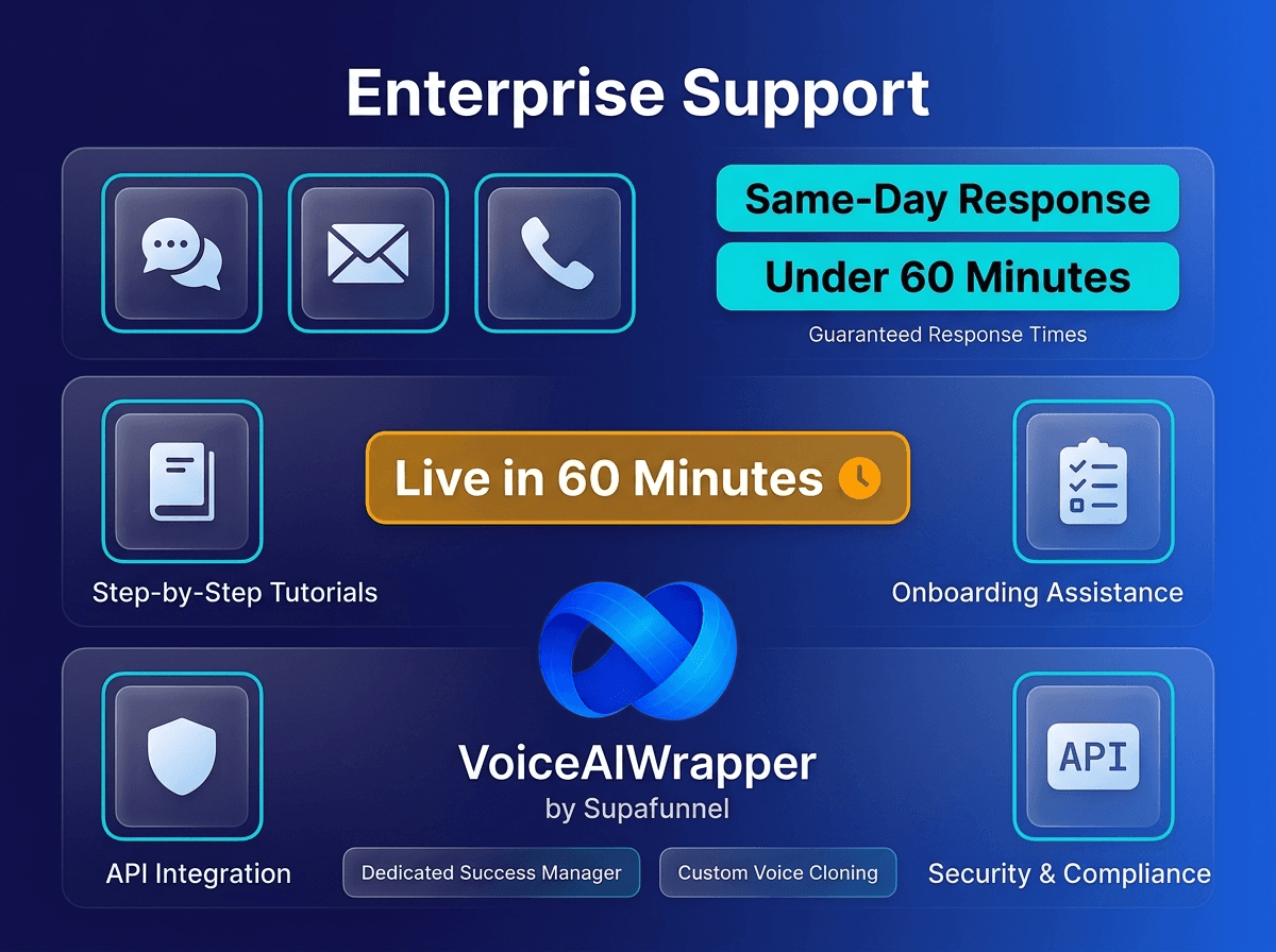 Enterprise support overview with same-day response under 60 minutes, live in 60 minutes onboarding, step-by-step tutorials, API integration, and dedicated success manager | VoiceAIWrapper.