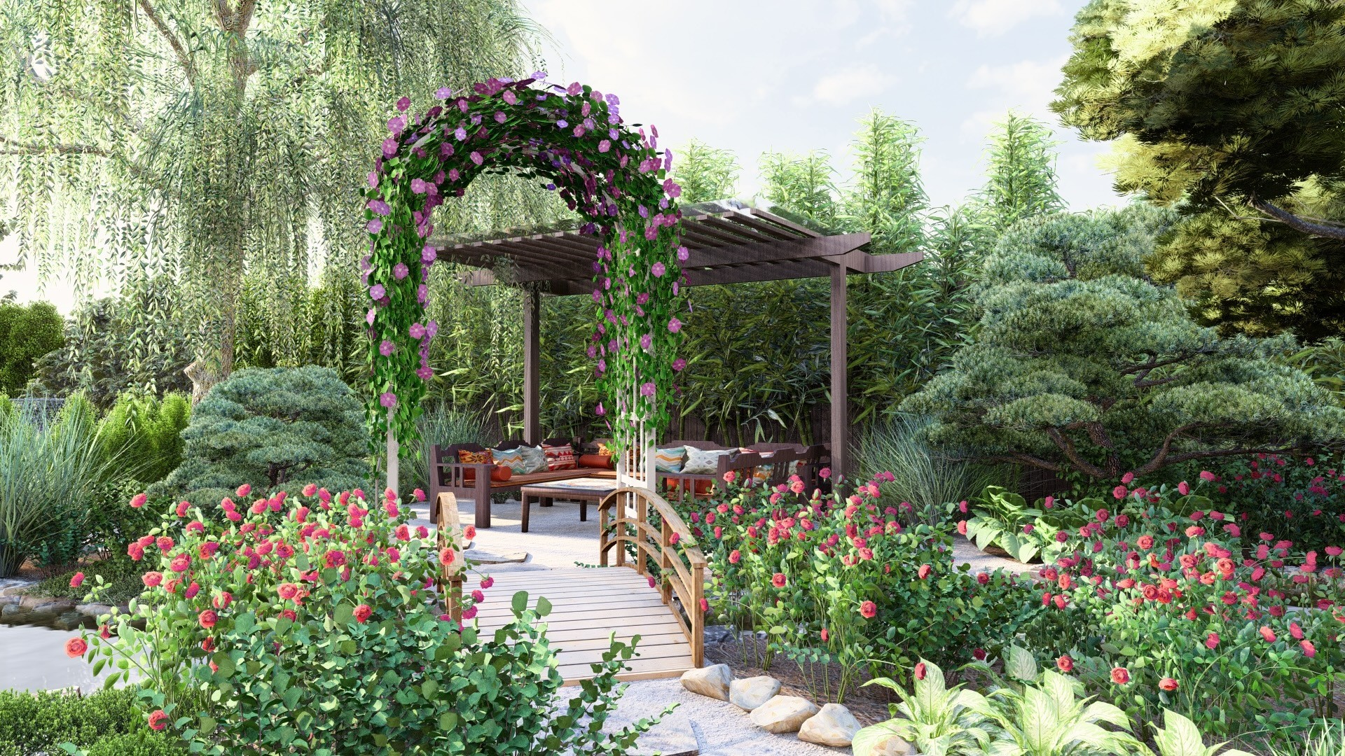 Garden design in Southlake featuring flower arch, roses, bridge and native texas plants. 