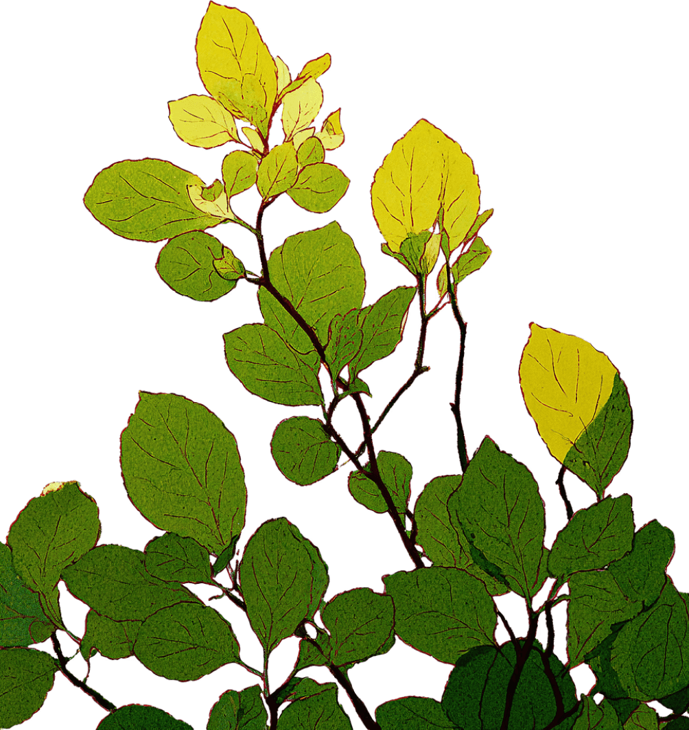 Stylized green and yellow leaves on branches.