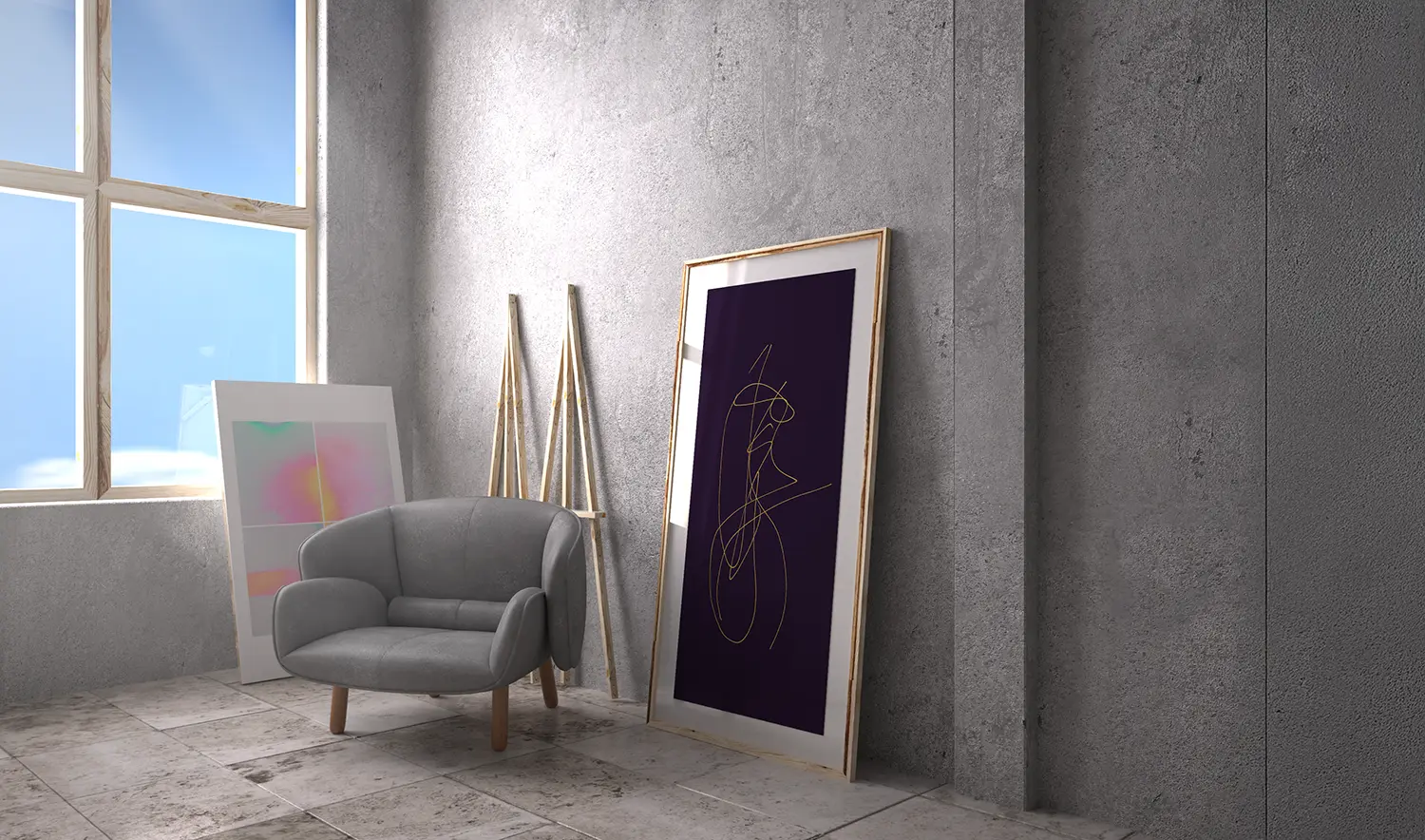 Modern artist studio shows two art pieces sitting agaist the wall