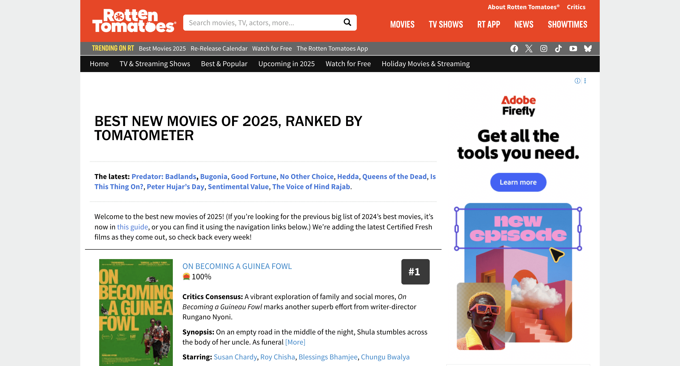 Rotten tomatoes website showing the best new movies of 2025