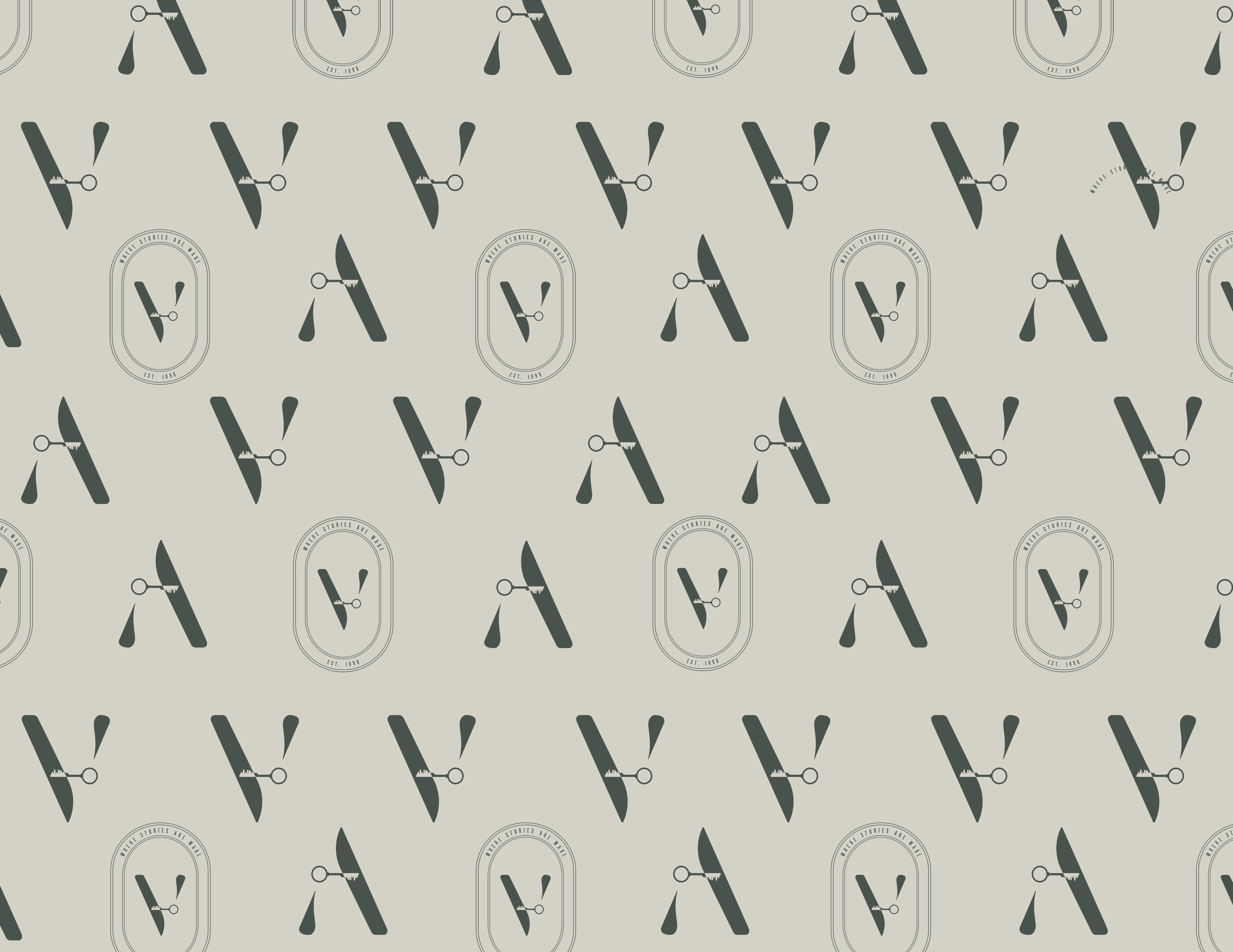 A repeating pattern of stylized letters and circular motifs on a light background.