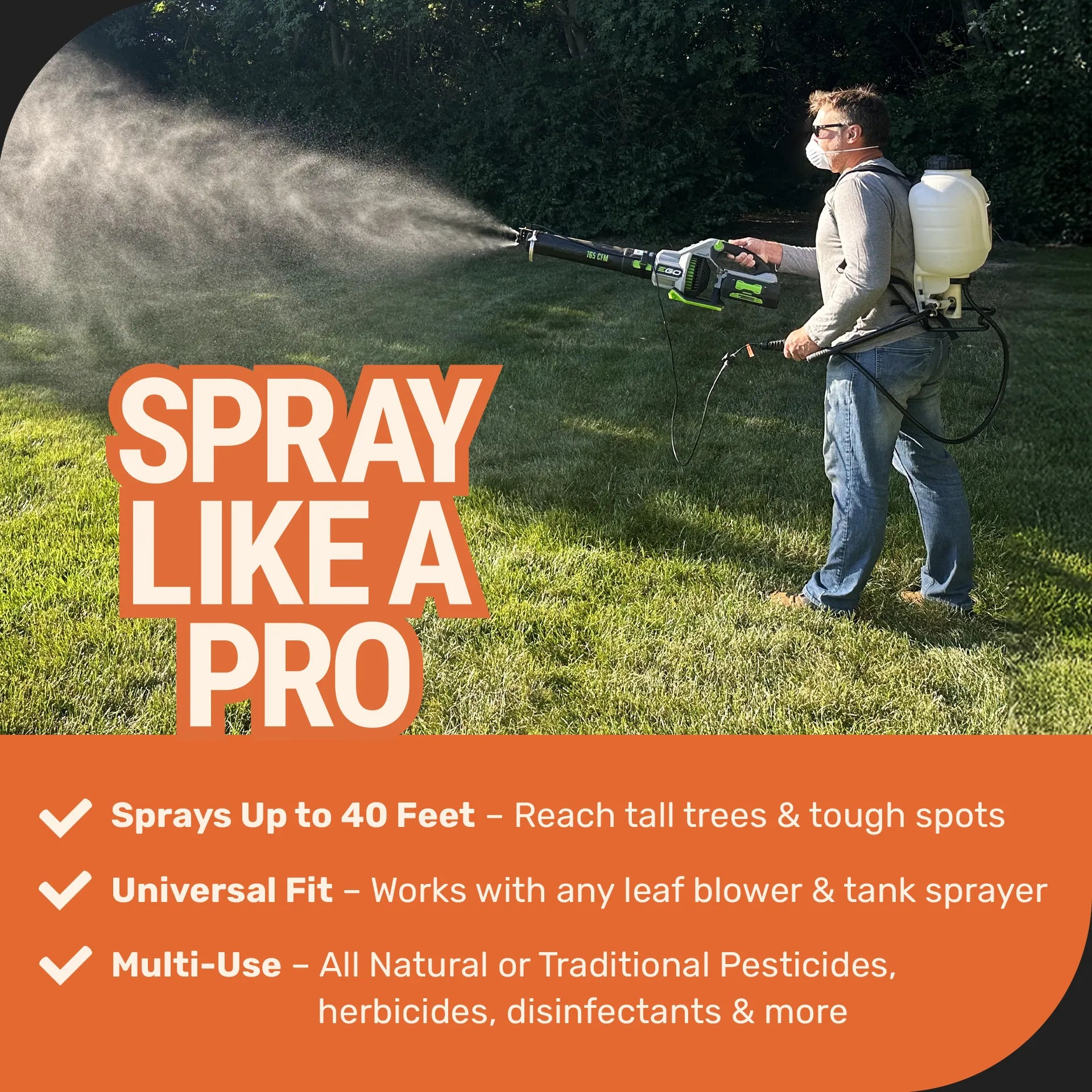 Person using a backpack sprayer on grass with promotional text about product features.