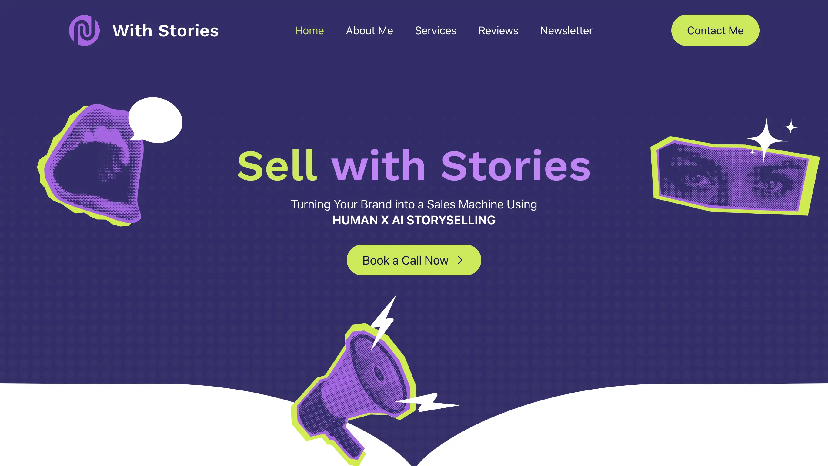 Purple-themed banner with "Sell with Stories" text and AI storytelling promotion.