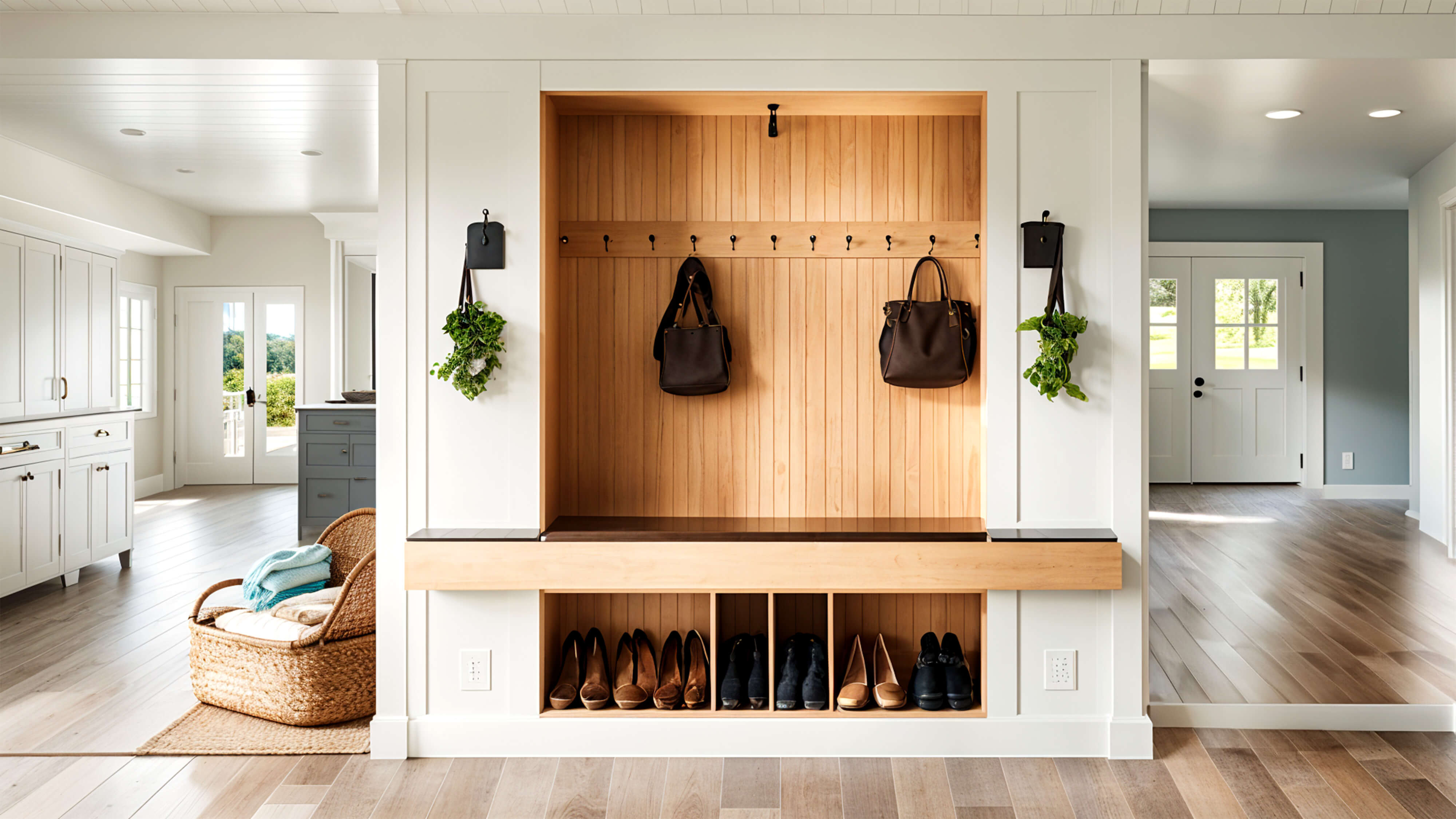Bright mudroom with white paneling, wood back panel, built-in bench, hooks, and organized shoe storage.
