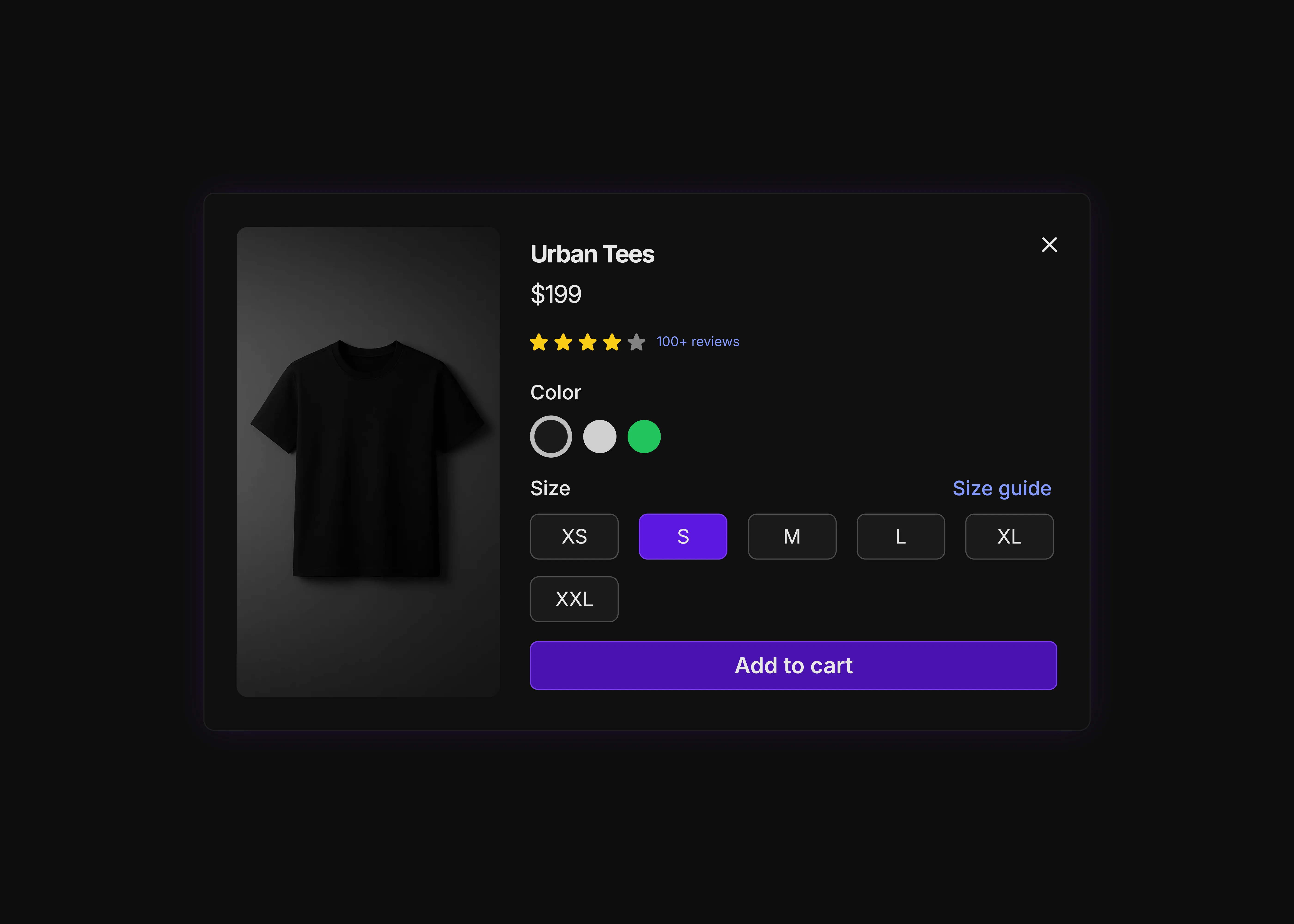 A product quick view pop up UI in dark theme for desktop and tablet devices