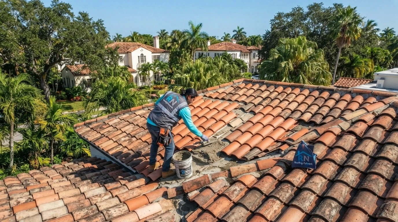 Clay barrel tile roof repair on a historic Hollywood Lakes home in Hollywood FL