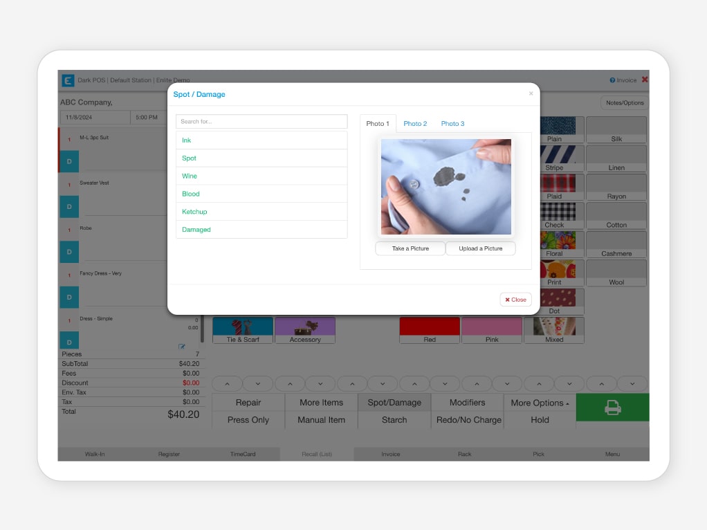Damaged garment picture uploaded and linked to Enlite’s client’s ticket