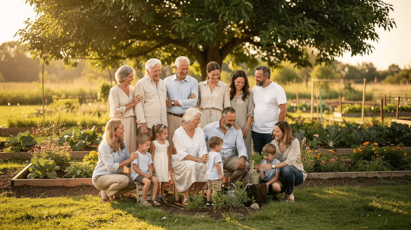 A multi-generational family is gathered outdoors, symbolizing legacy and stewardship, with various members sharing stories and wisdom about financial planning and retirement savings. The scene reflects the importance of understanding types of retirement accounts, such as 401(k) plans and individual retirement accounts, as they discuss their goals for financial security and the benefits of employer-sponsored retirement plans.