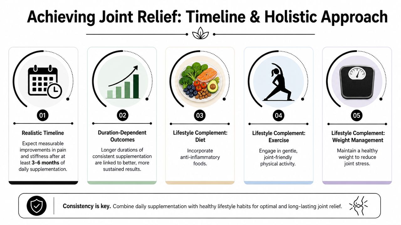 A comprehensive infographic outlining the timeline and holistic approach for achieving effective long-term joint pain relief.