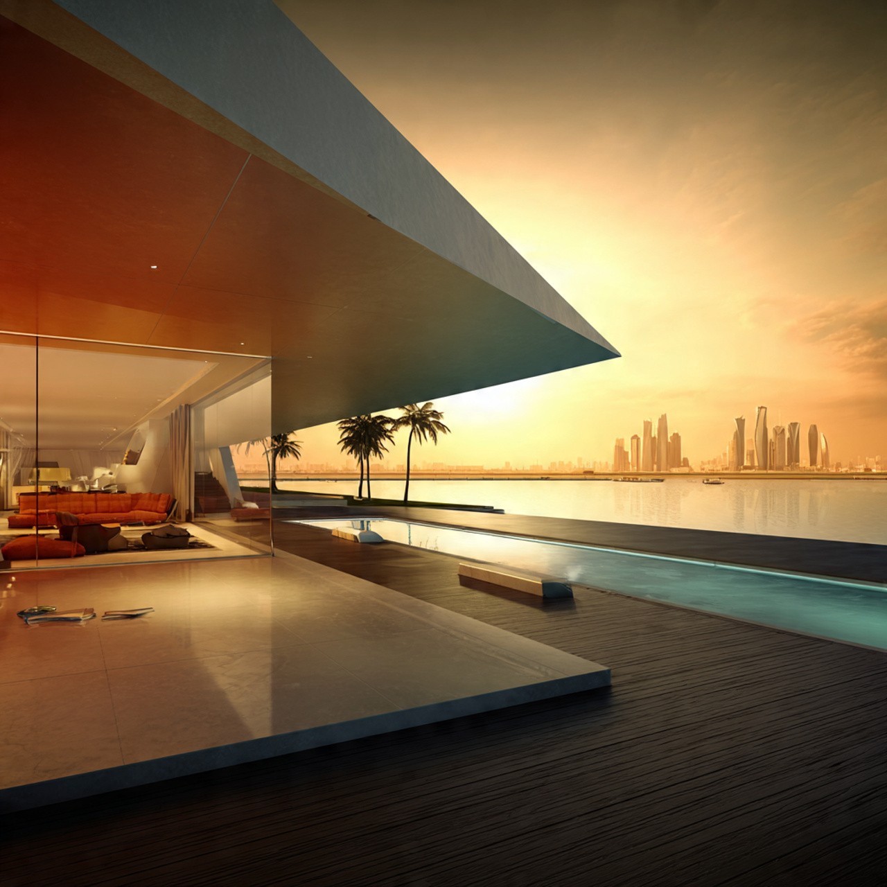 Luxurious modern house with a glass wall revealing a cozy living room, overlooking a pool and skyline. Warm sunset tones create an elegant ambiance.