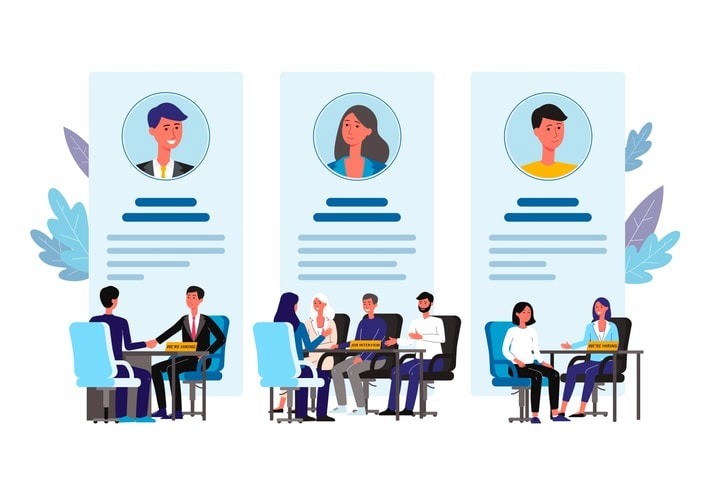 The image depicts a virtual meeting screen featuring multiple candidates engaged in a remote group interview, where they interact with one or more interviewers. The setting highlights the dynamics of a group format, showcasing diverse perspectives and communication styles as candidates respond to common group interview questions.