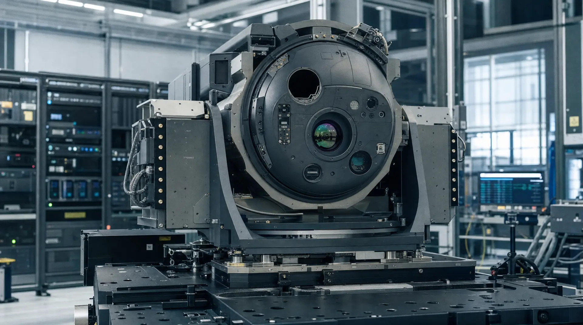 A precision circular sensor assembly inside a cleanroom, supporting robotics branding and semiconductor marketing narratives for B2B tech audiences.