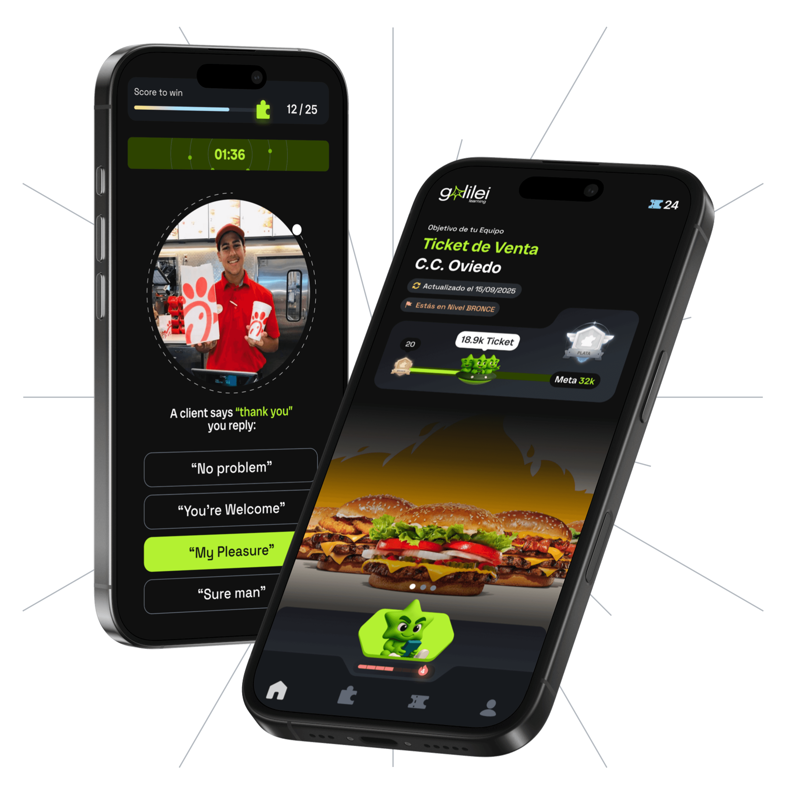 Galilei app mockup — pantallas de juego y dashboard