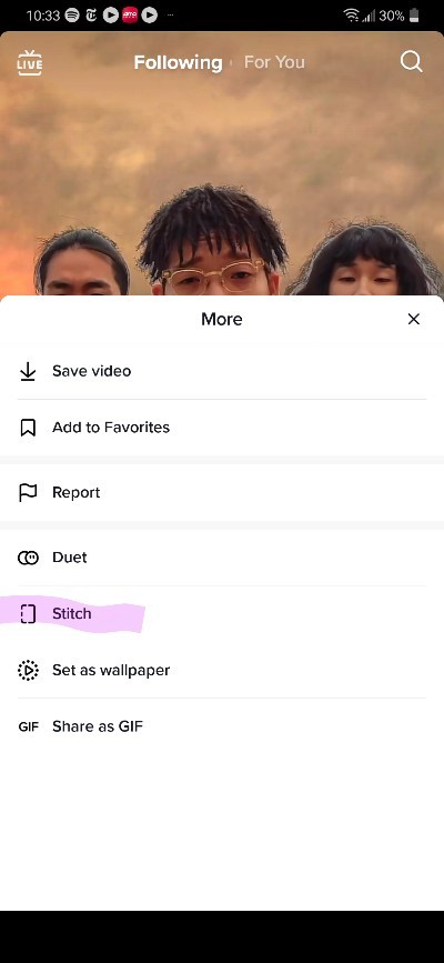 TikTok Stitch Menu