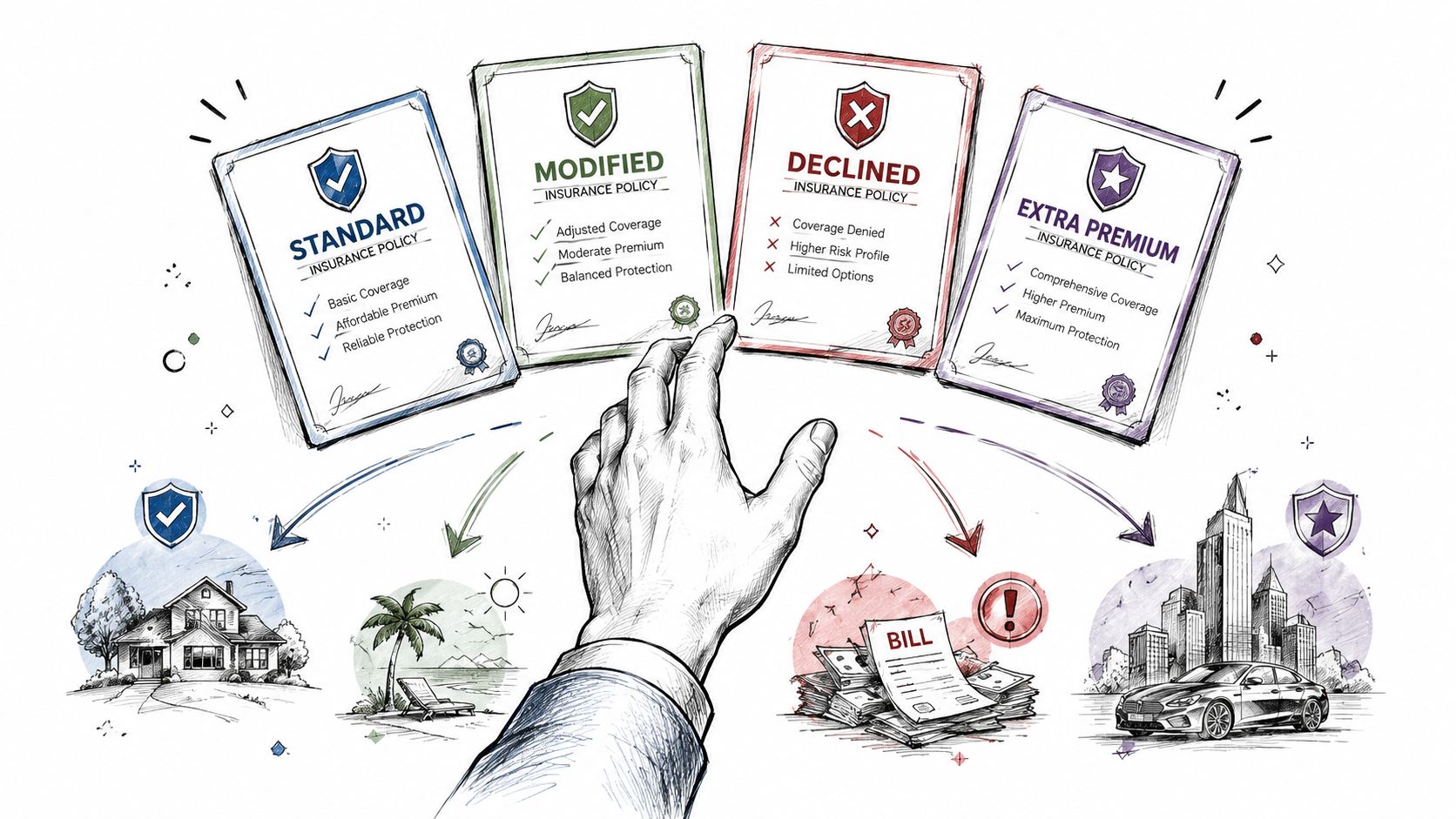 A hand reaching to select between four different insurance policy options ranging from standard to declined coverage.