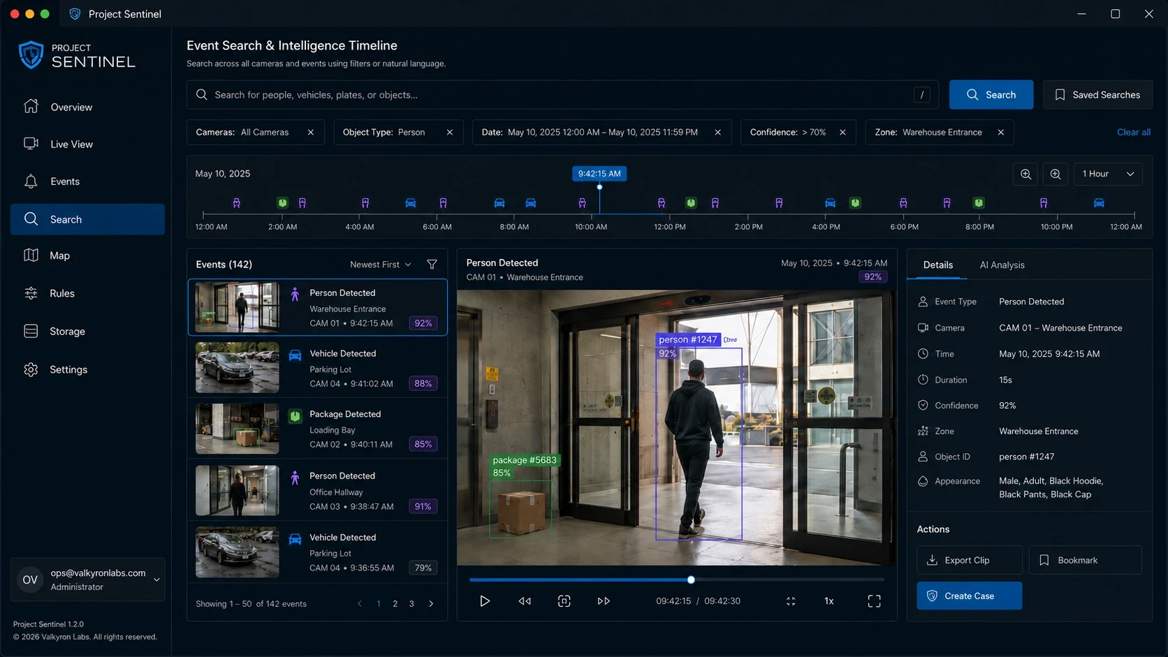 Project Sentinel concept interface showing a searchable event timeline, filtered detections, scene playback, and anonymous tracking metadata.