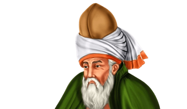 A stylized illustration of Jalal ad-Din Rumi, the famous 13th-century Persian poet and Sufi mystic, wearing a traditional Sufi turban with layers of white and an orange accent, along with a green robe. His thoughtful expression and flowing white beard reflect his deep spiritual wisdom and his role in shaping Sufi thought. Rumi is widely known for his mystical poetry that emphasizes love, the divine, and the human soul's connection to the universe. This artwork highlights his enduring influence on spiritual literature and philosophy.