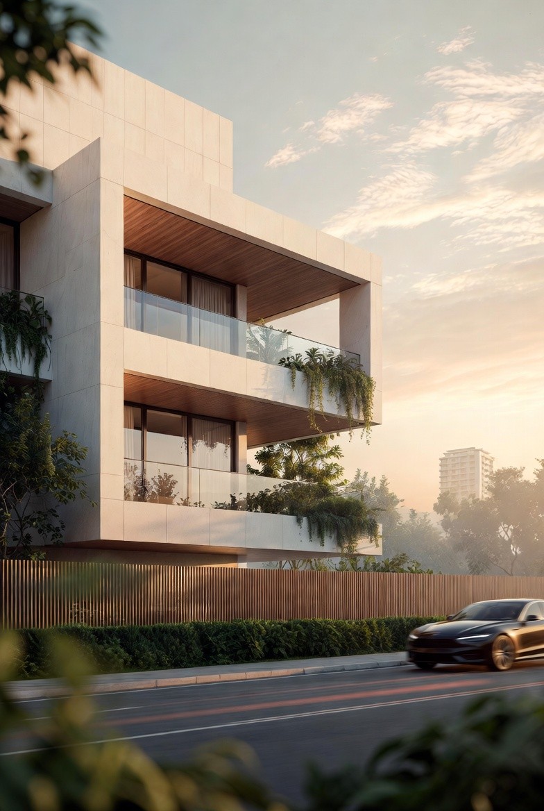Modern building with large balconies and lush greenery under a warm, golden sunset. A sleek car drives past on the street, creating a serene, urban scene.
