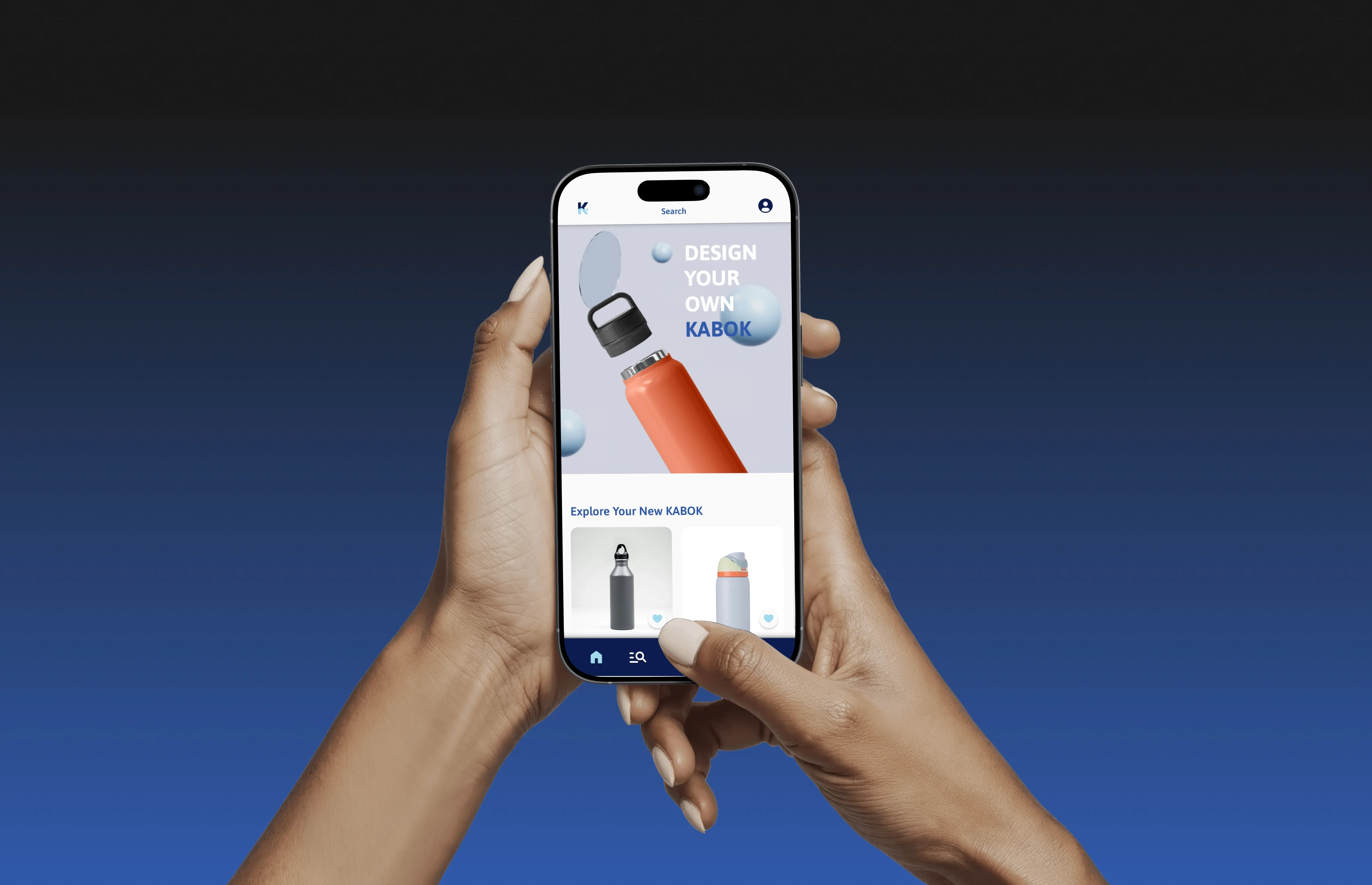 KABOK app home screen mockup being held by two hands against a blue background.