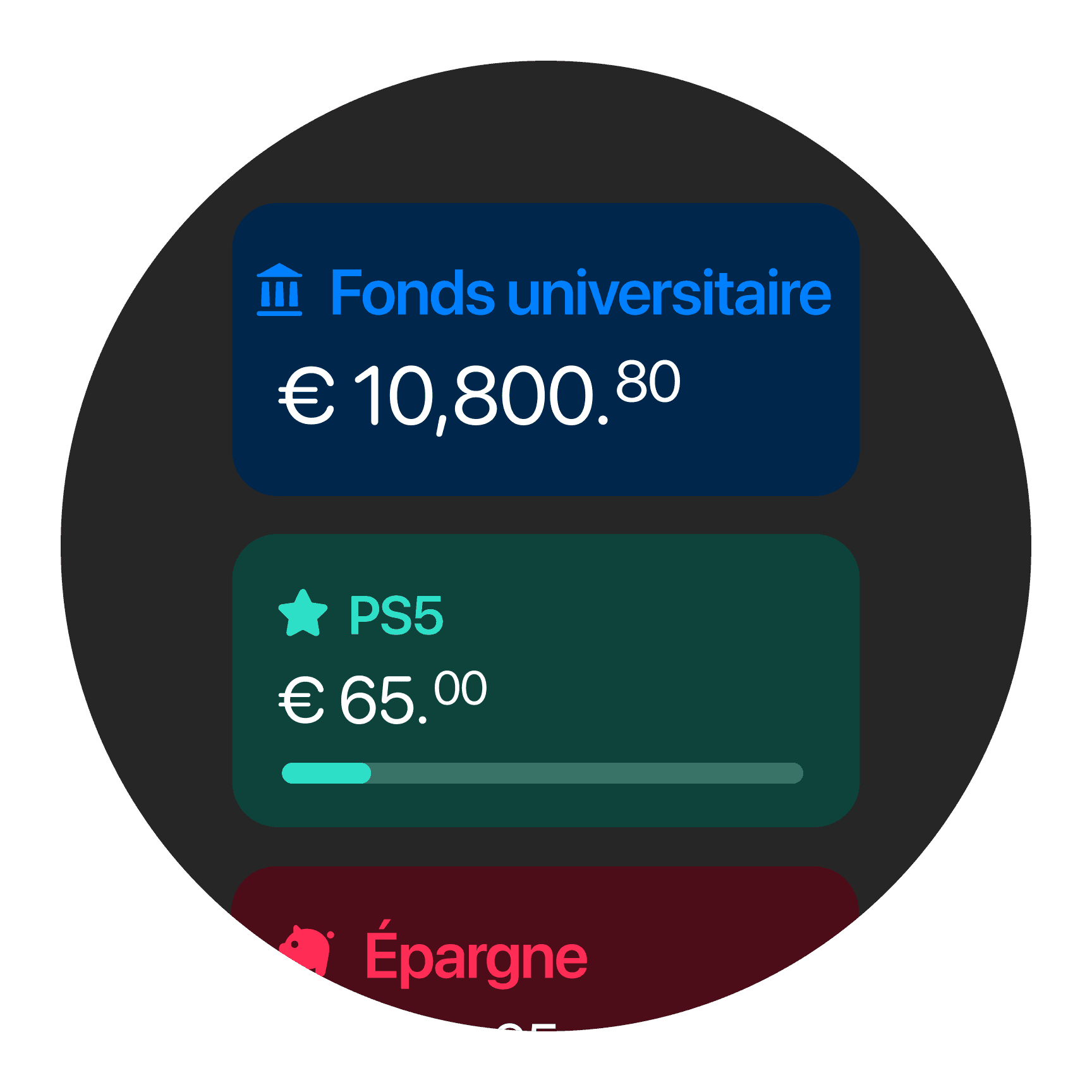 Comptes enfants avec des étiquettes pour tes différents objectifs d'épargne.