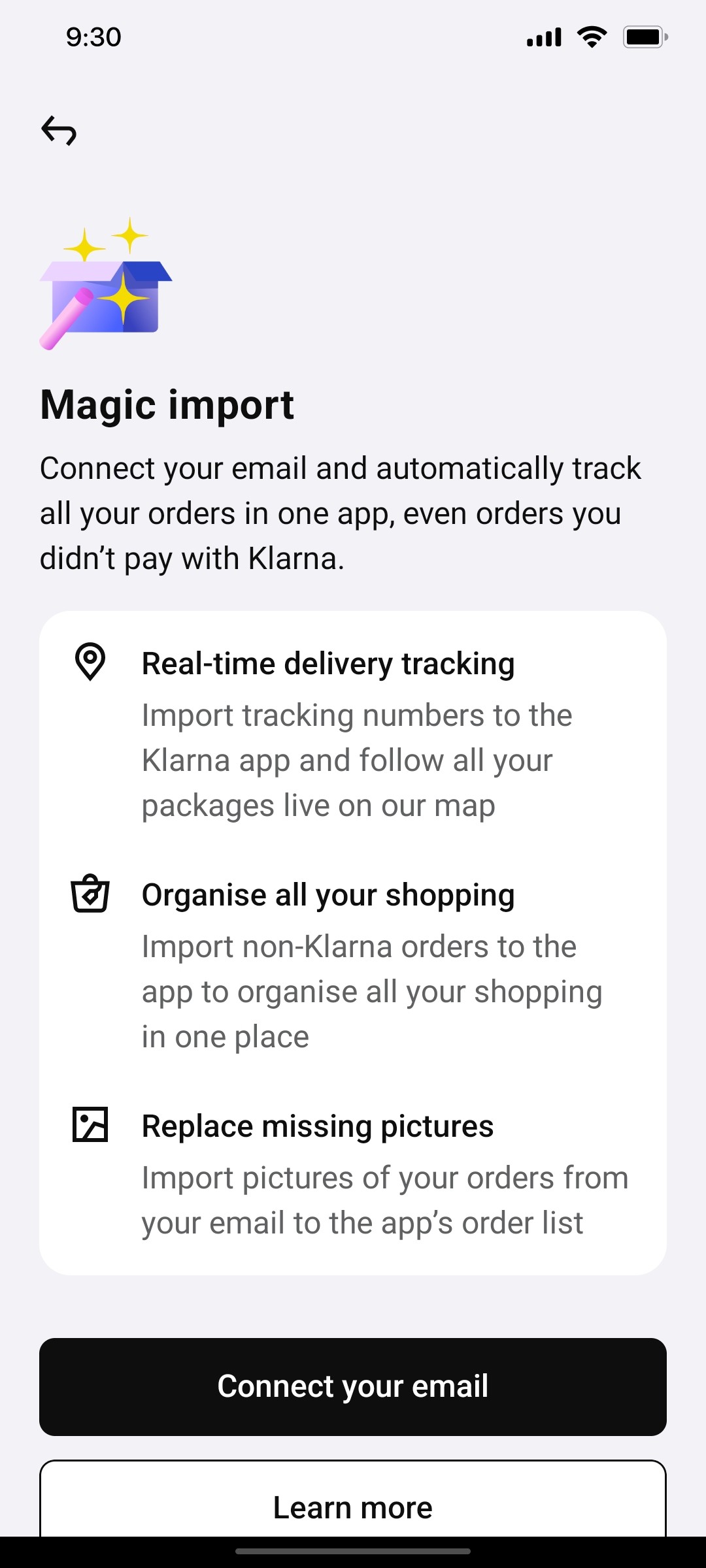 Klarna  Connect Your Email Page Screen