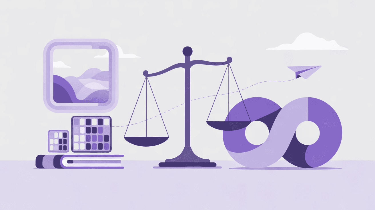 A balance scale weighing a stack of small data bundles against a single never-ending loop