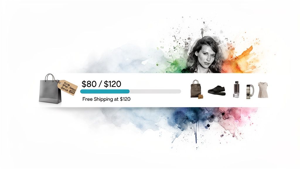 E-commerce free shipping progress bar showing current spend, goal, and items to add.