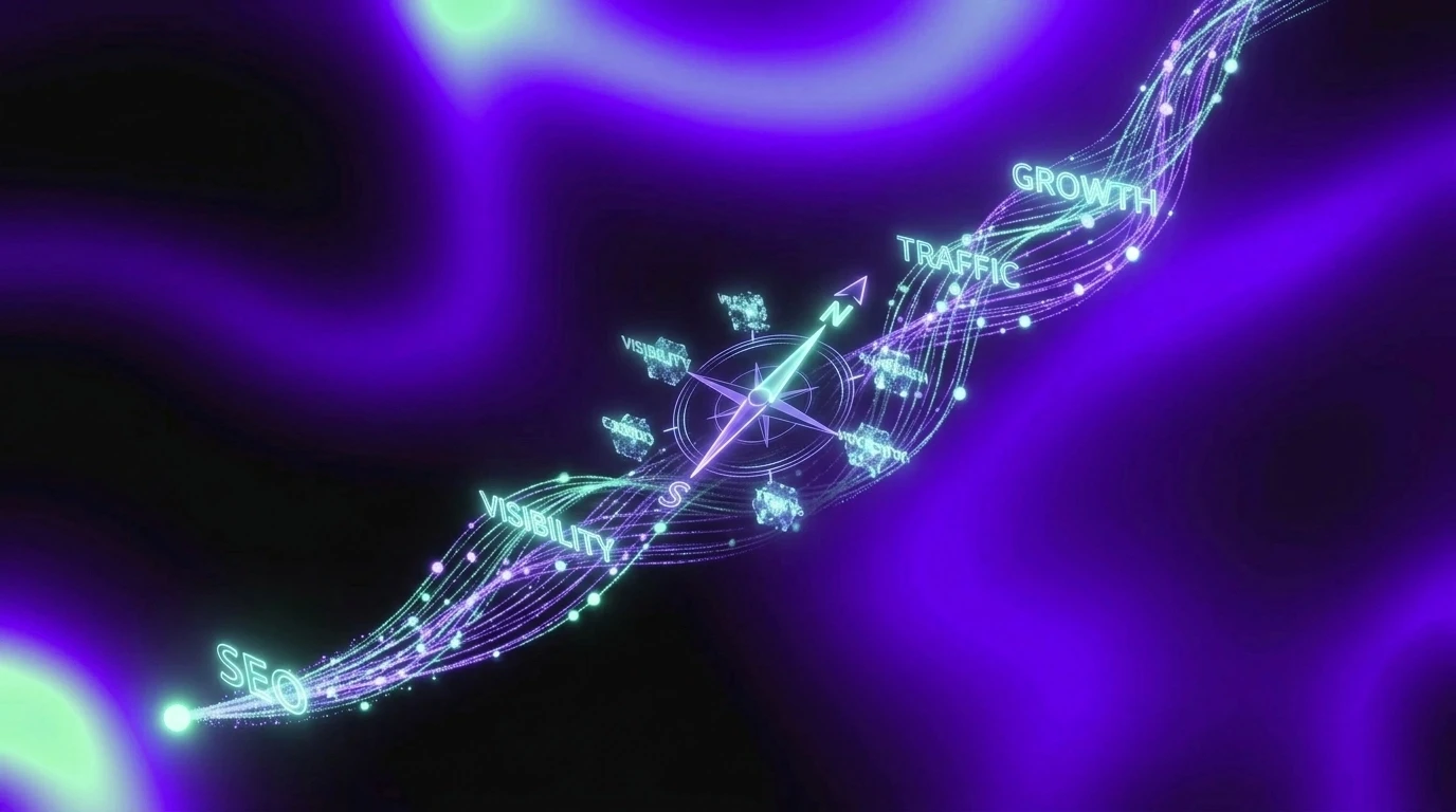 a modern purple diagram with a compass representing how traffic flows to a website