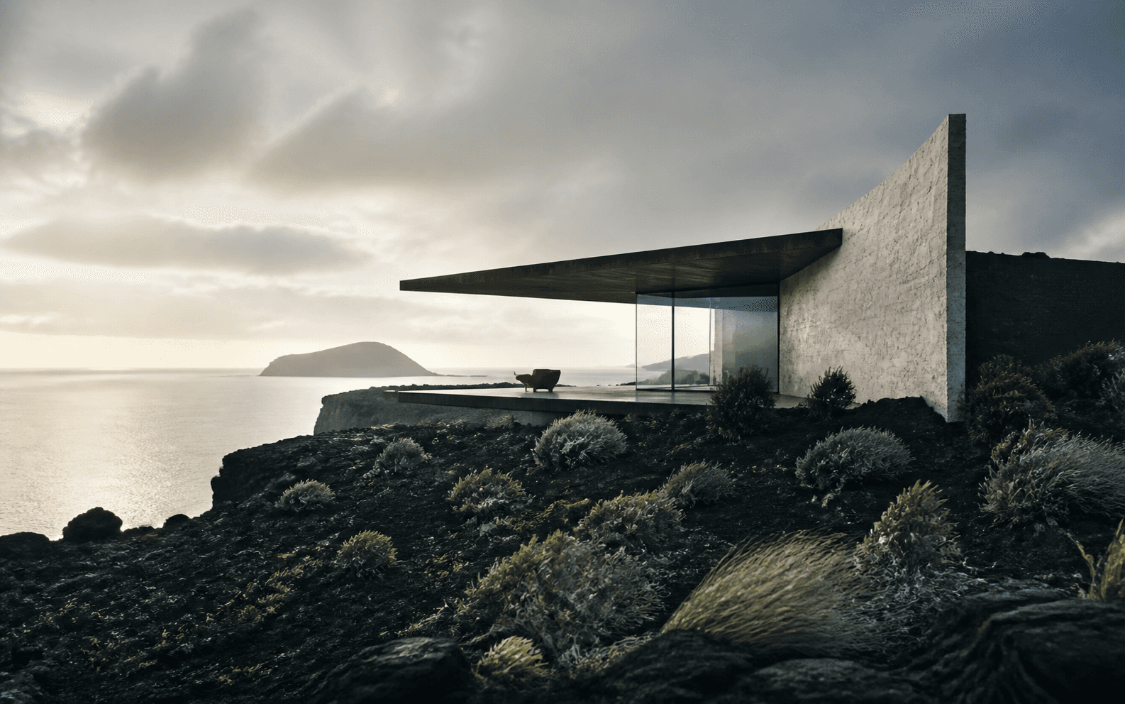 A fictional PRAE coastal pavilion on a basalt plateau at first light