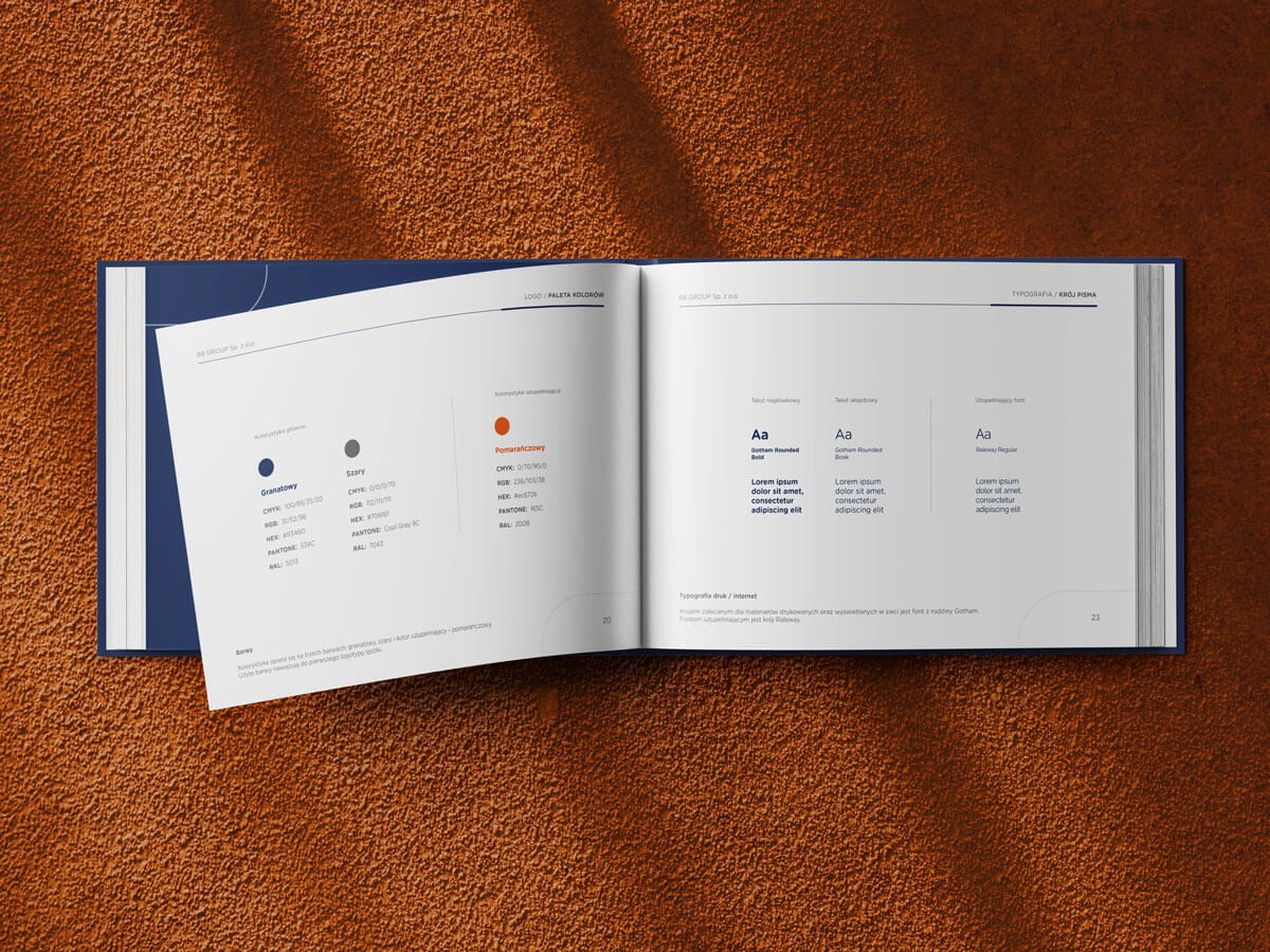 Paleta kolorów oraz firmowa typografia w systemie identyfikacji wizualnej B8GROUP. Kompleksowy branding określający nowoczesny wizerunek firmy.