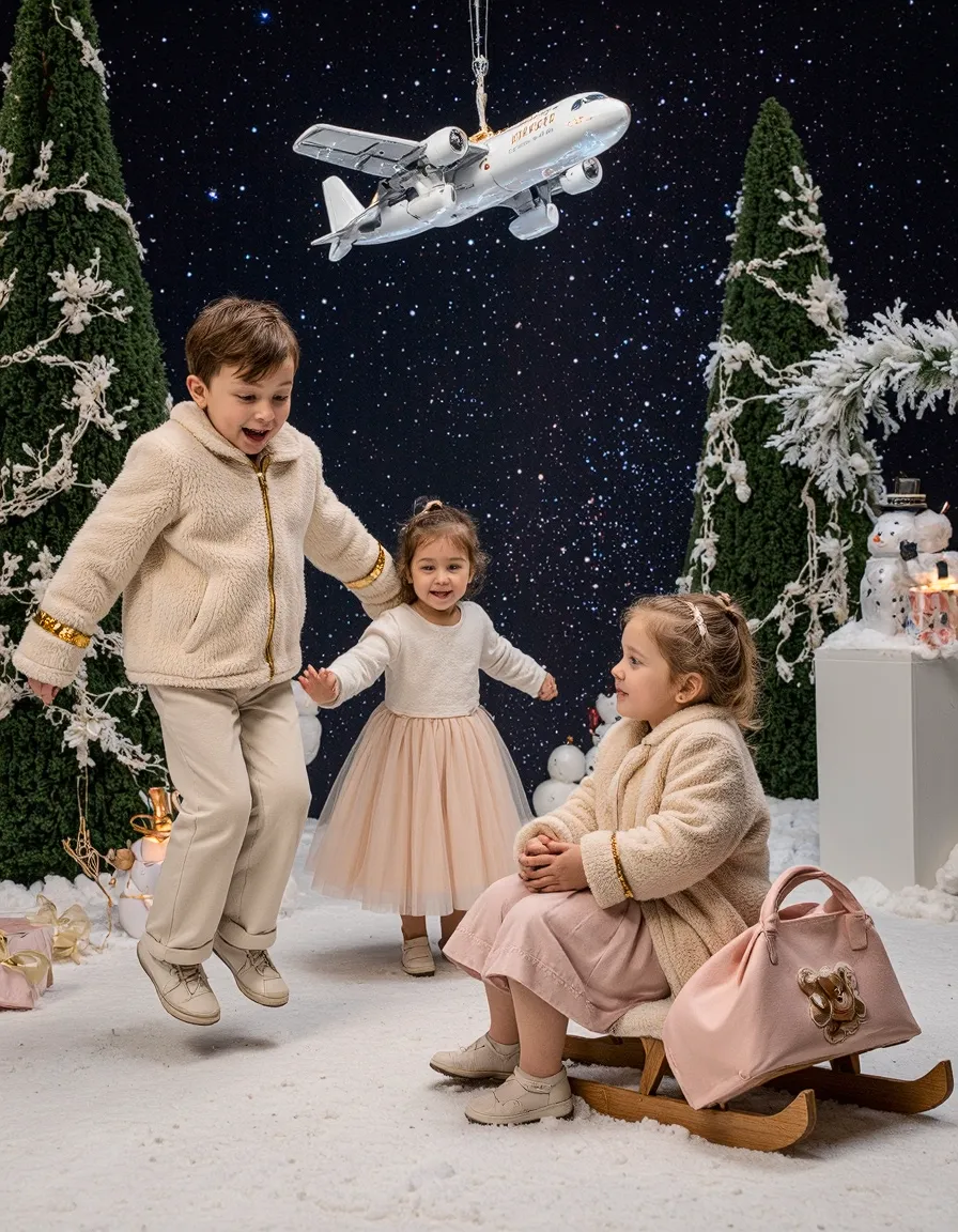 Three children in winter clothing pose in festive Christmas scene with snow, trees, and airplane ornament decoration