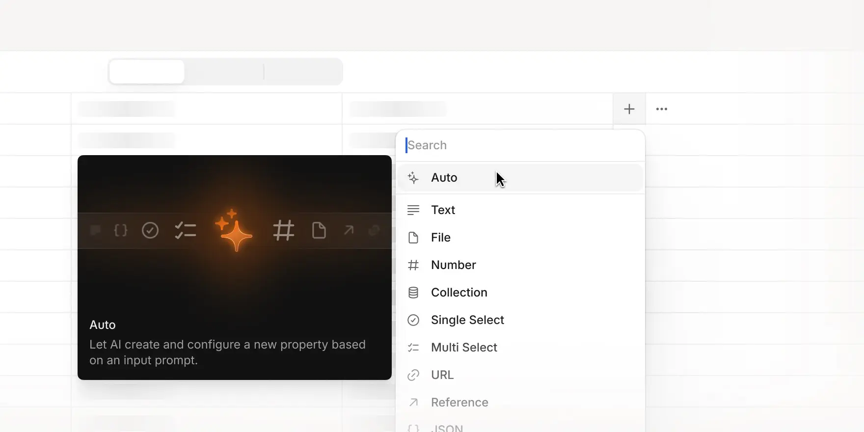 AI Auto property creation menu