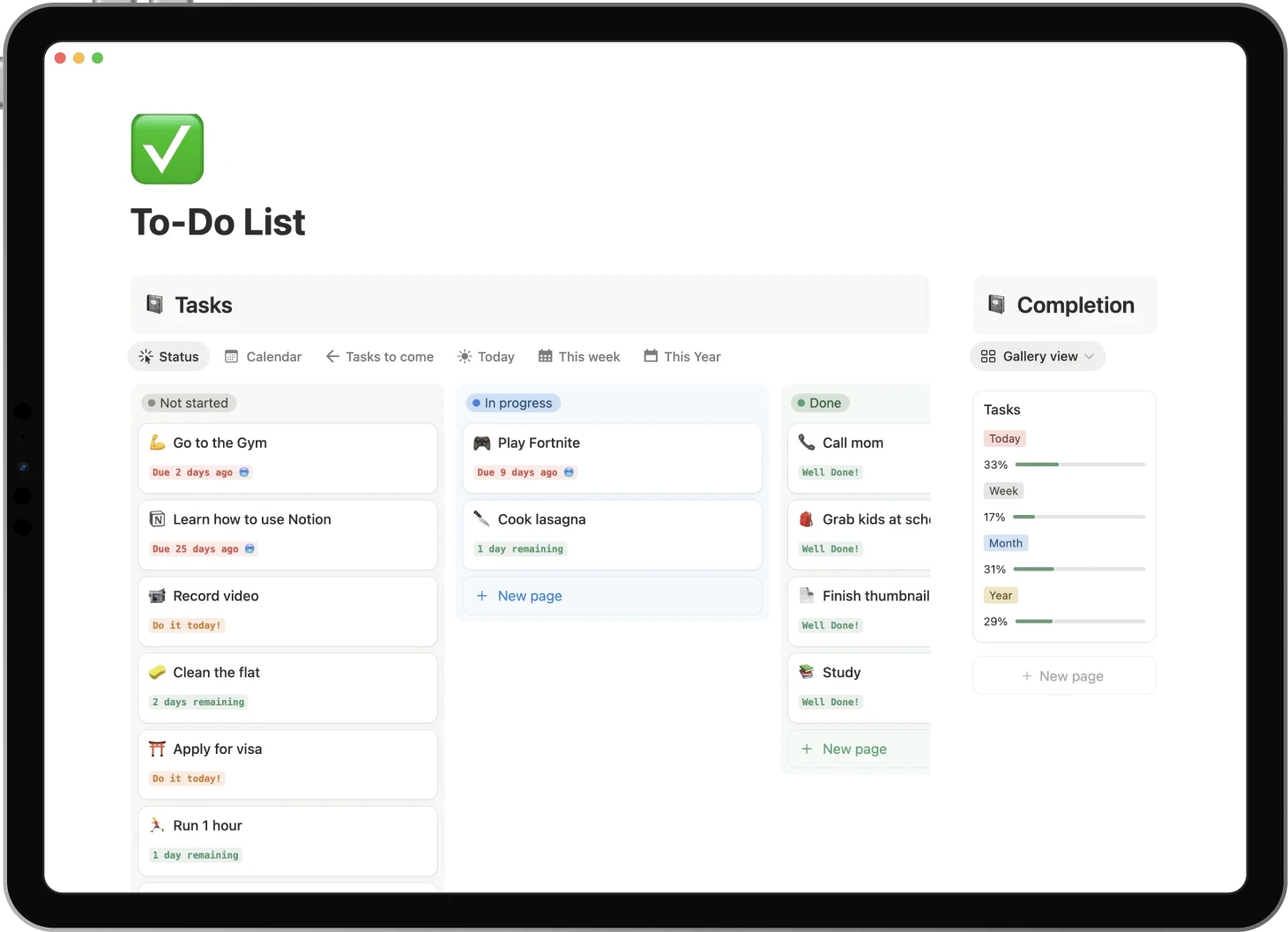 Ipad displaying the To-Do List template: LIst all your daily tasks, track your daily, weekly, monthly and yearly completion.