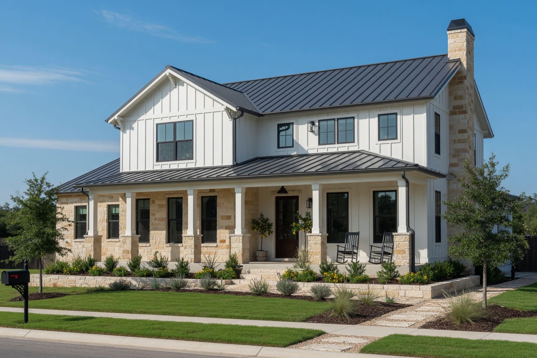 Modern farmhouse exterior with metal roof and front porch