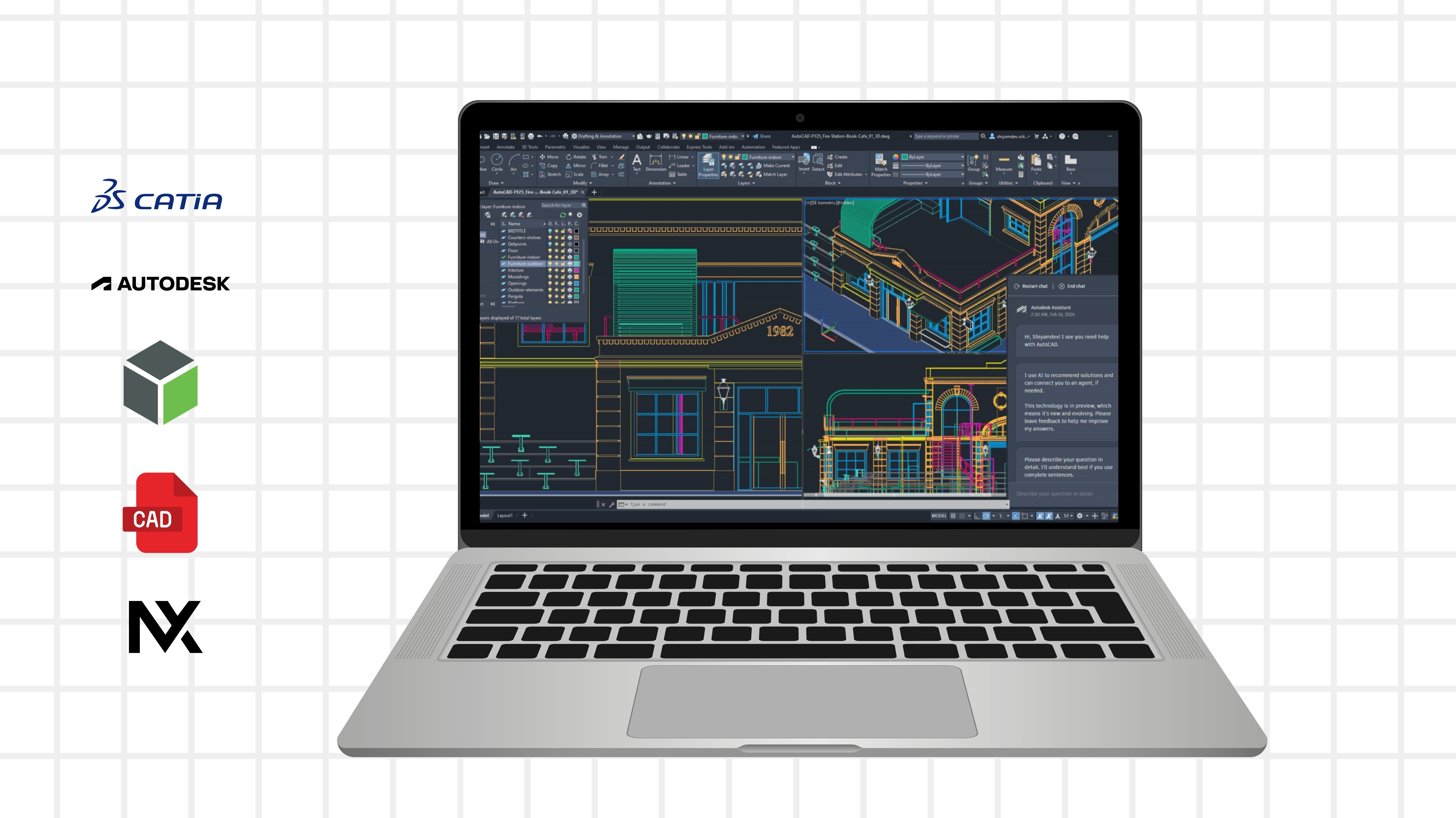 A man stands while two people sit at a table in an office setting, smiling and engaged in conversation. The mood is friendly and collaborative.