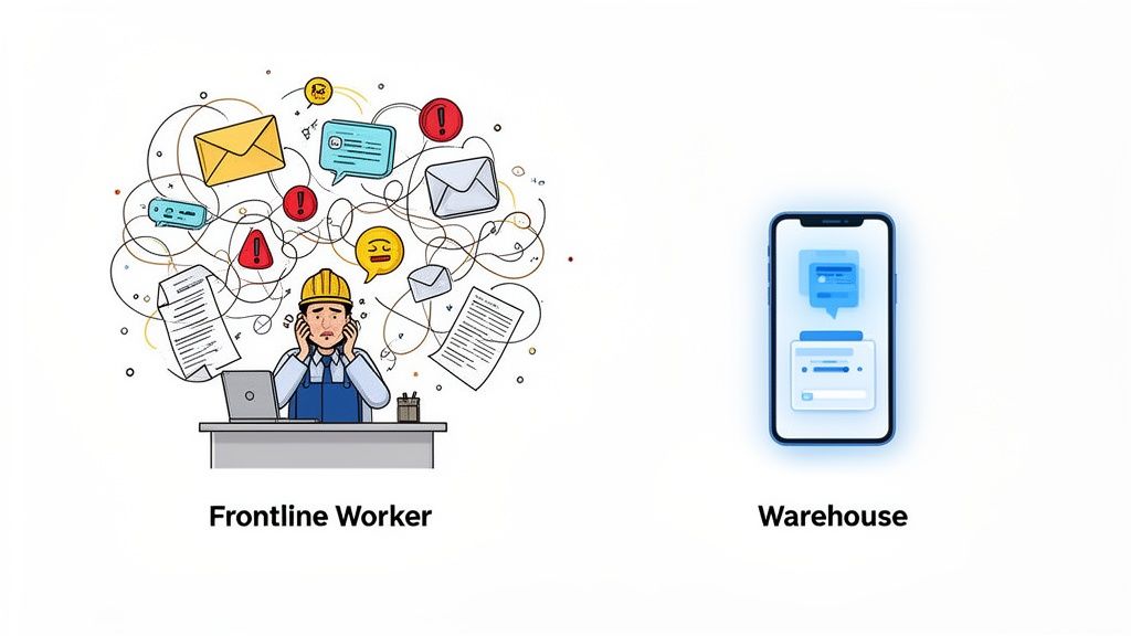 Illustration contrasting a stressed frontline worker overwhelmed by messages with an organized mobile app for communication.
