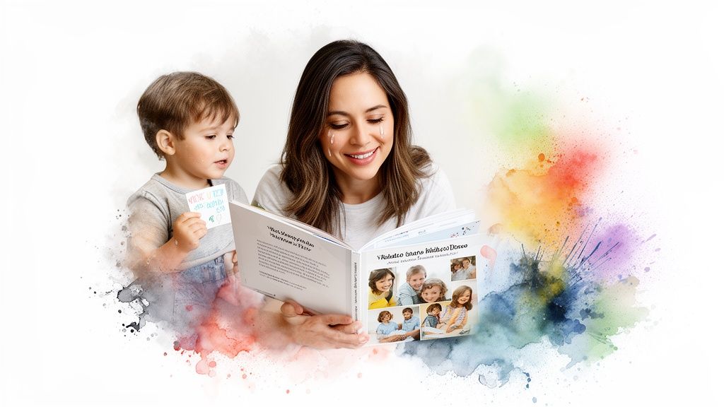 A joyful mother and child read a personalized photo book, surrounded by colorful watercolor splashes.