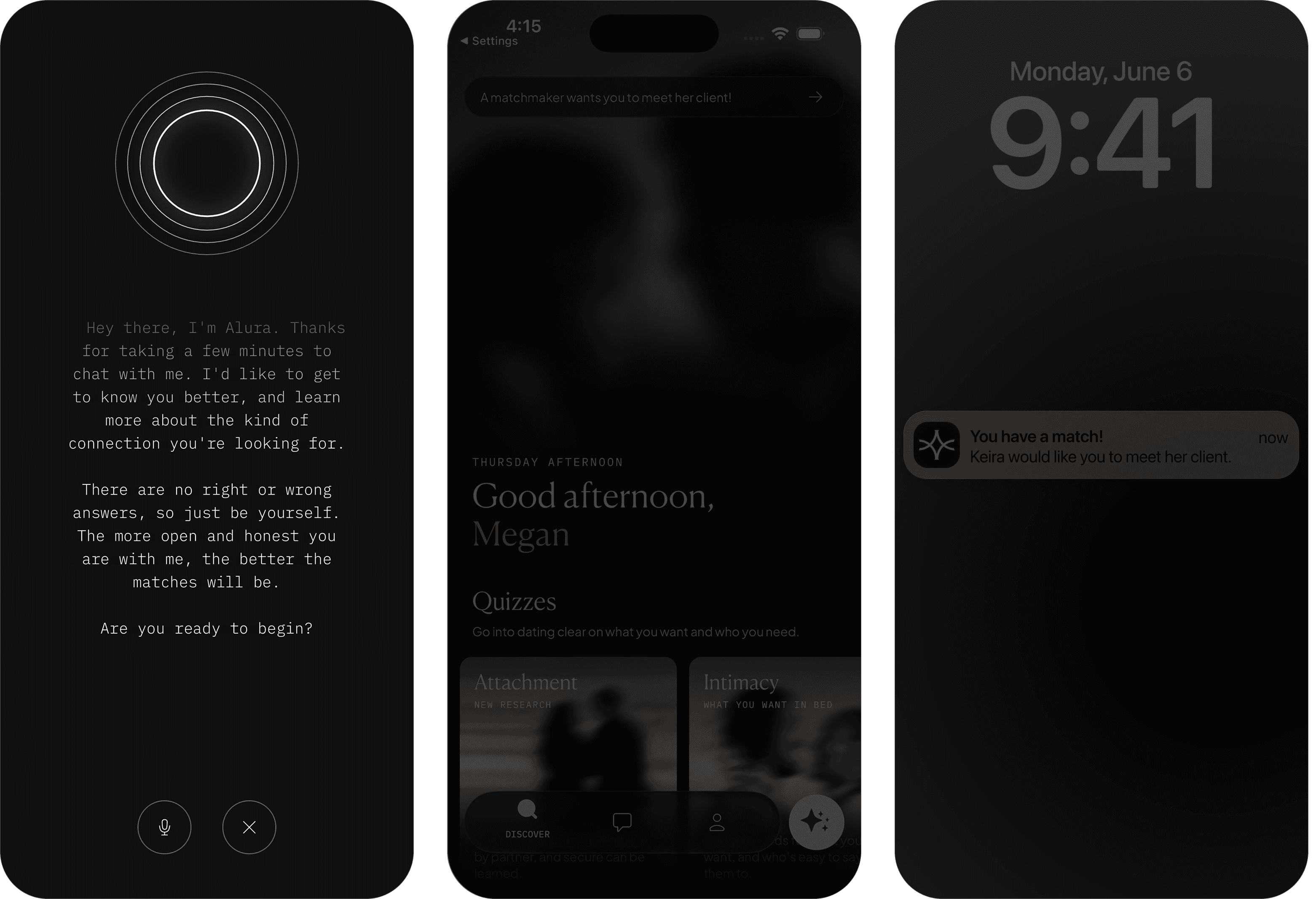 Three Alura app screens: the voice call where you tell Alura about yourself, the Discover tab with relationship quizzes, and a notification that a matchmaker would like to introduce you to their client